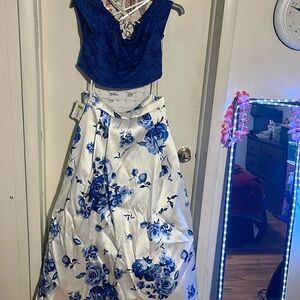 2 peice blue floral prom dress